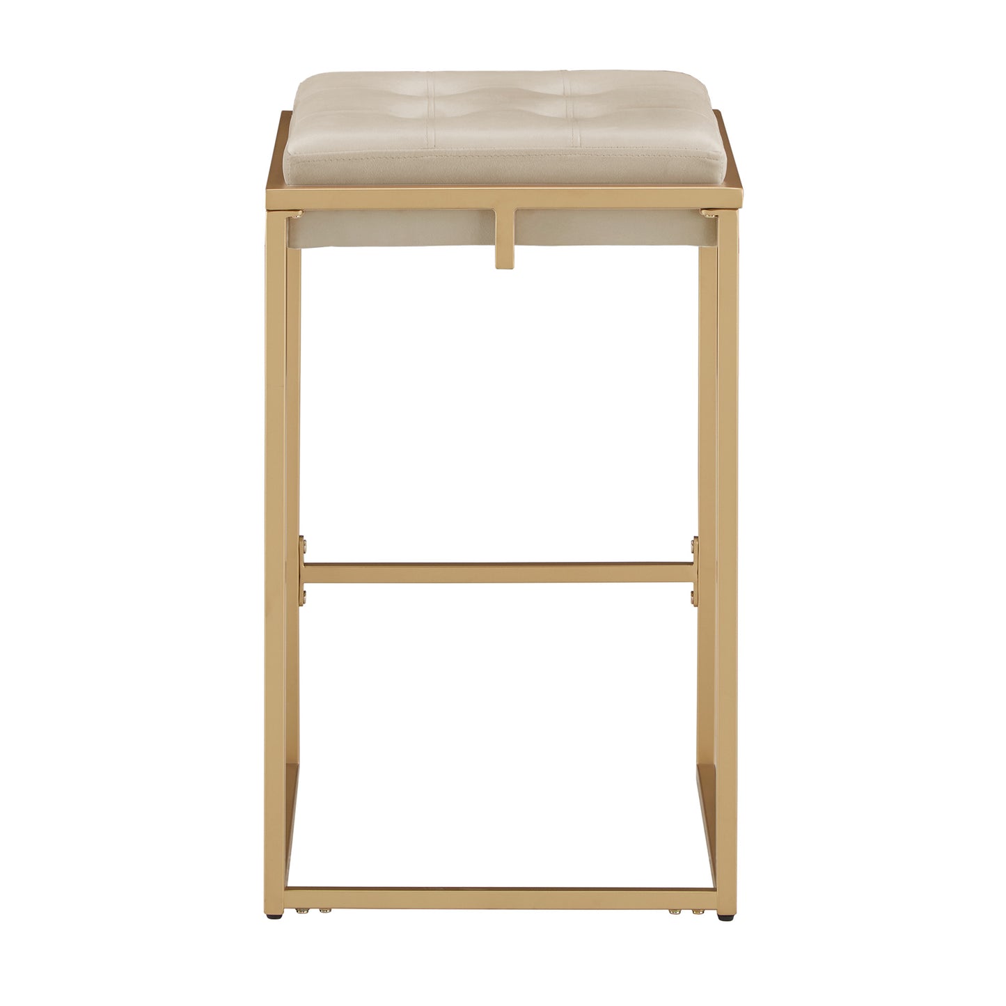 Gold Finish Velvet Button Tufted Bar Stools (Set of 2) - Beige Velvet, 24" Counter Height