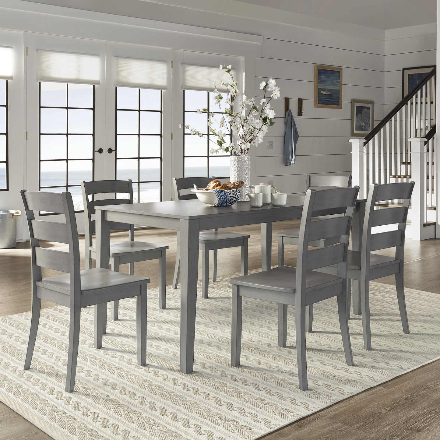 60-inch Ractangular Antiqua Gray Dining Sat - Ladder Back Chairs, 7-Piece Set