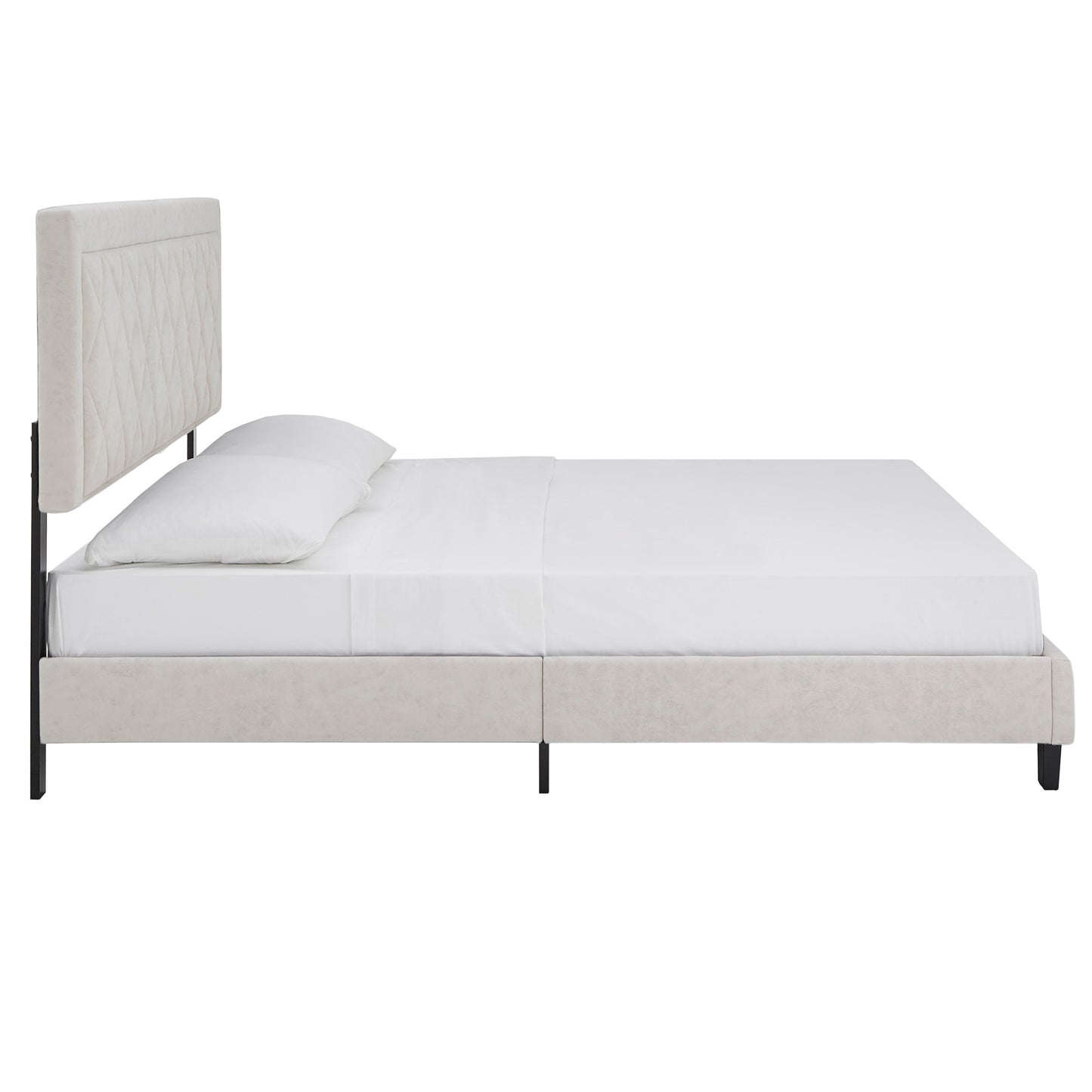 Black Finish Frame with Velvet Fabric Platform Bed - Cream White, King (King Size)