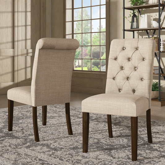 Tufted Rolled Back Parsons Chairs (Set of 2) - Brown Finish, Beige Linen