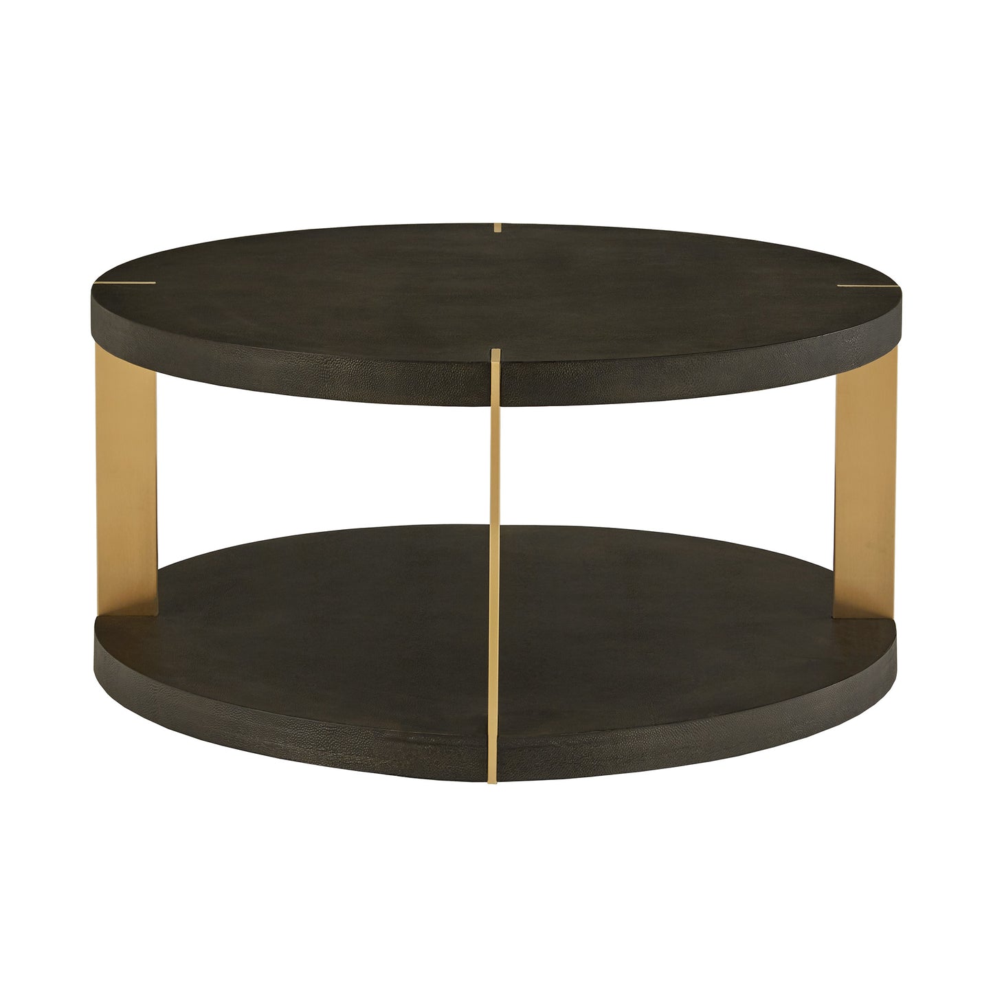 Gold Finish Metal Dark Brown Faux Shagreen Round Table - Dark Brown, Coffee Table