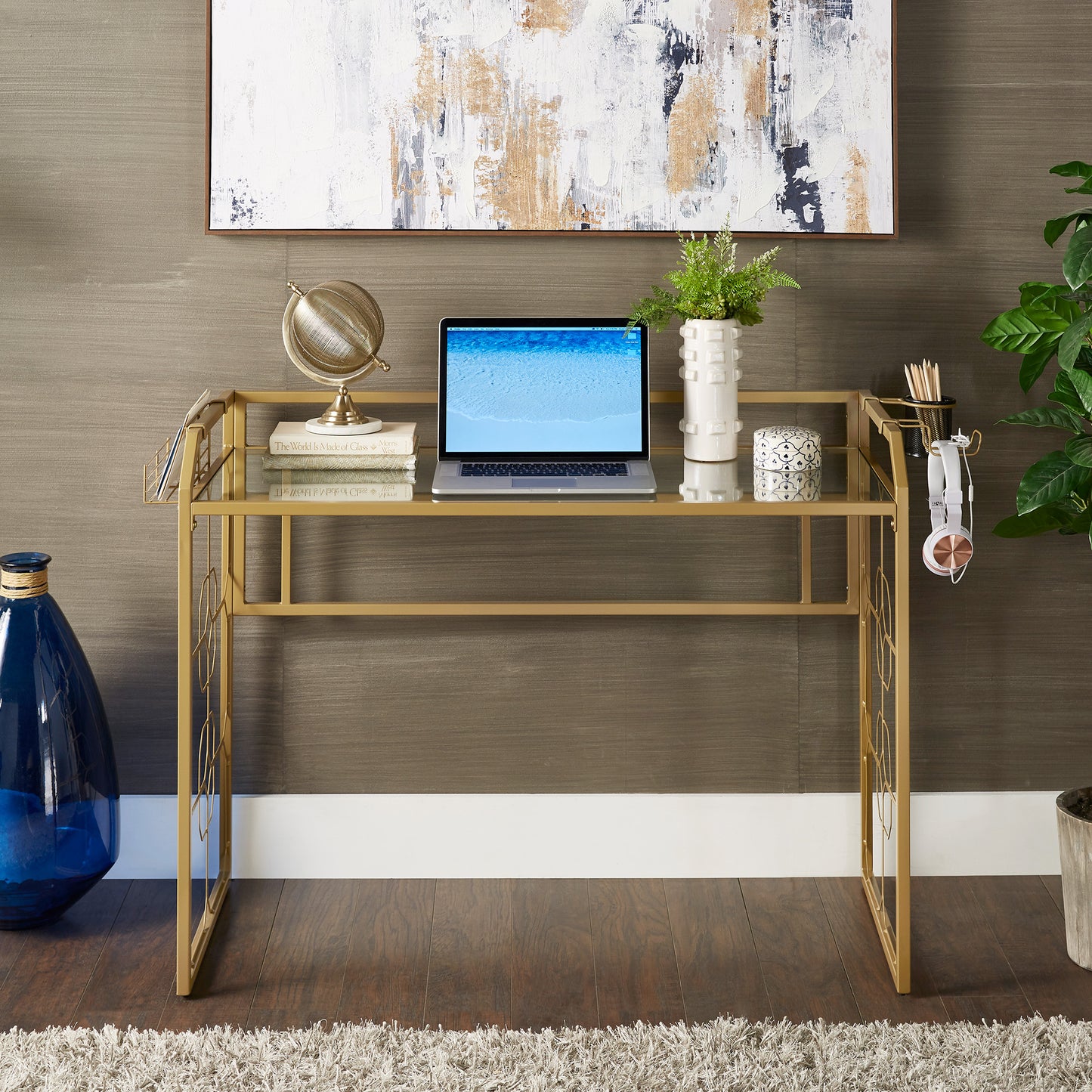 Octagon Pattern Gold Metal and Glass Desk