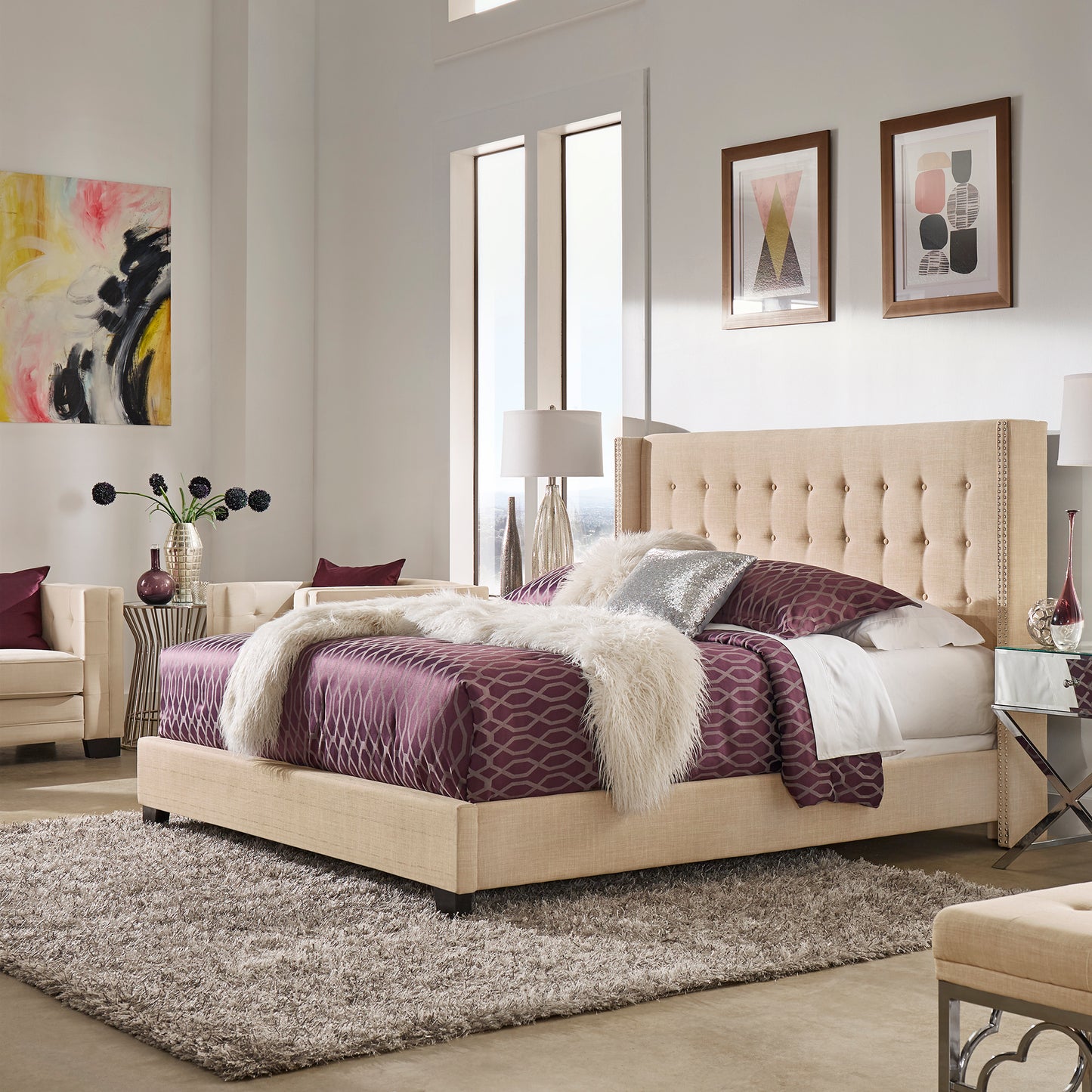 Tufted Linen Wingback Bed - Beige Linen, King