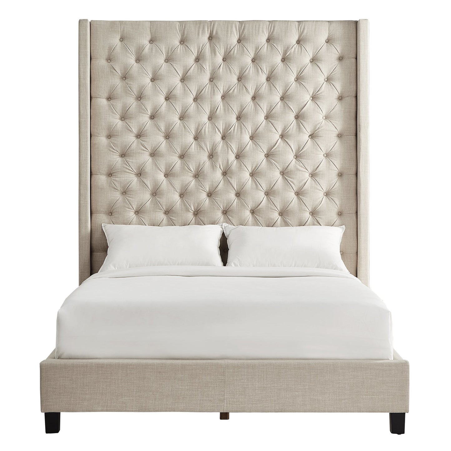 Wingback Button Tufted High Headboard Platform Bed - Beige Linen, Queen