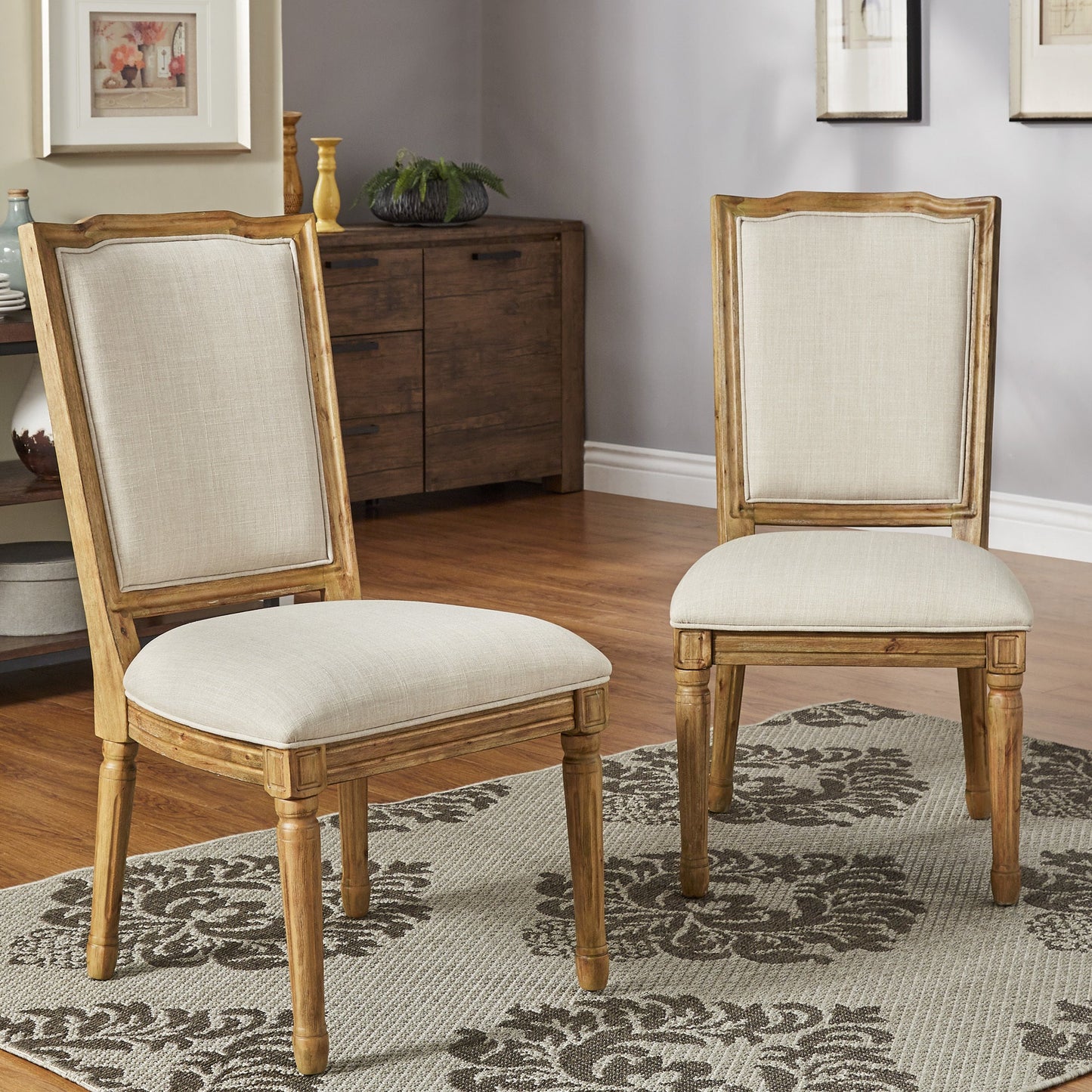 Rustic X-Base Round Pine Finish Dining Table Set - Beige Linen, Ornate Chair Backs