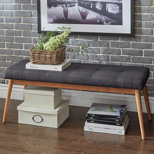 Oak Angled Leg Linen Dining Bench - Dark Gray