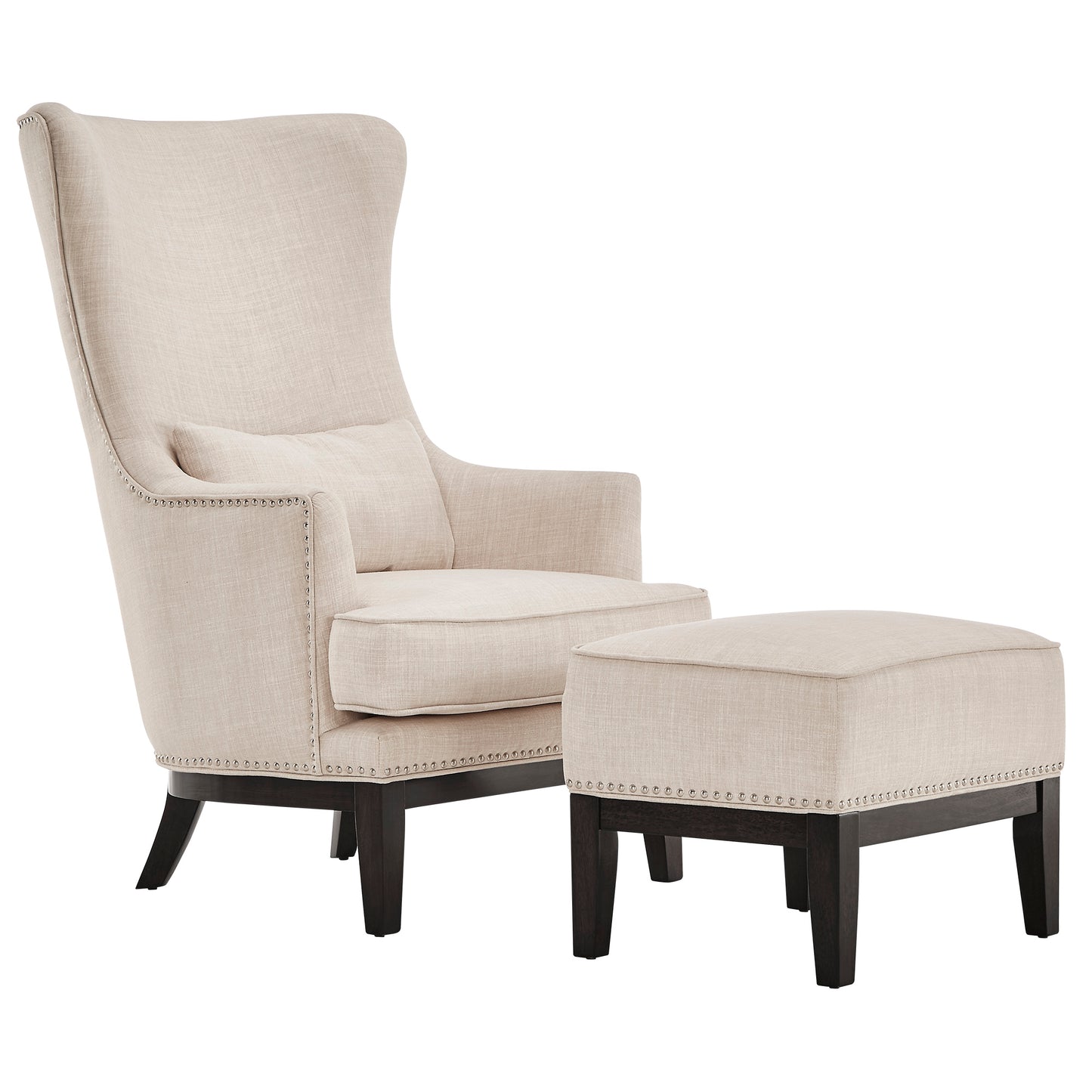 High Back Wing Lounge Chair with Footstool - Beige Linen