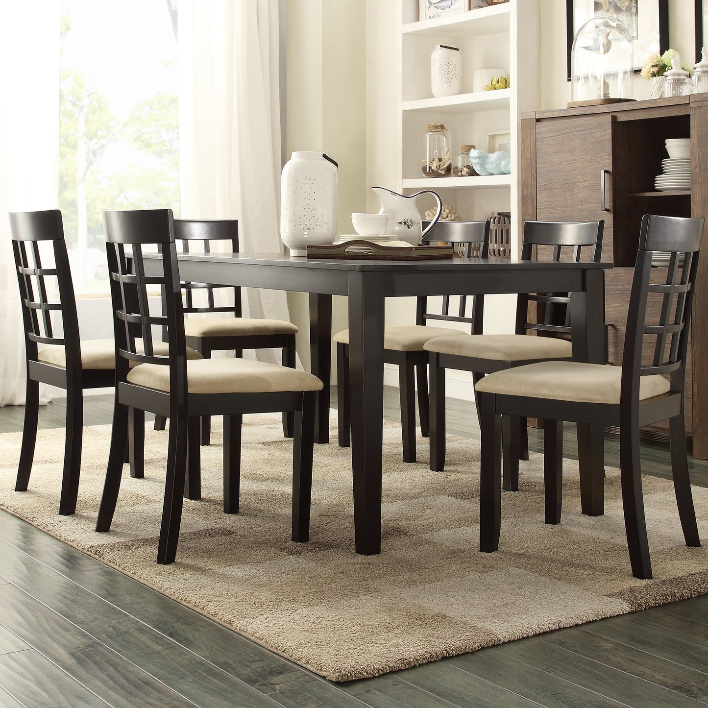 Black Wood Dining Set - 60-inch Table, Window Back Chairs, 7-Piece Set