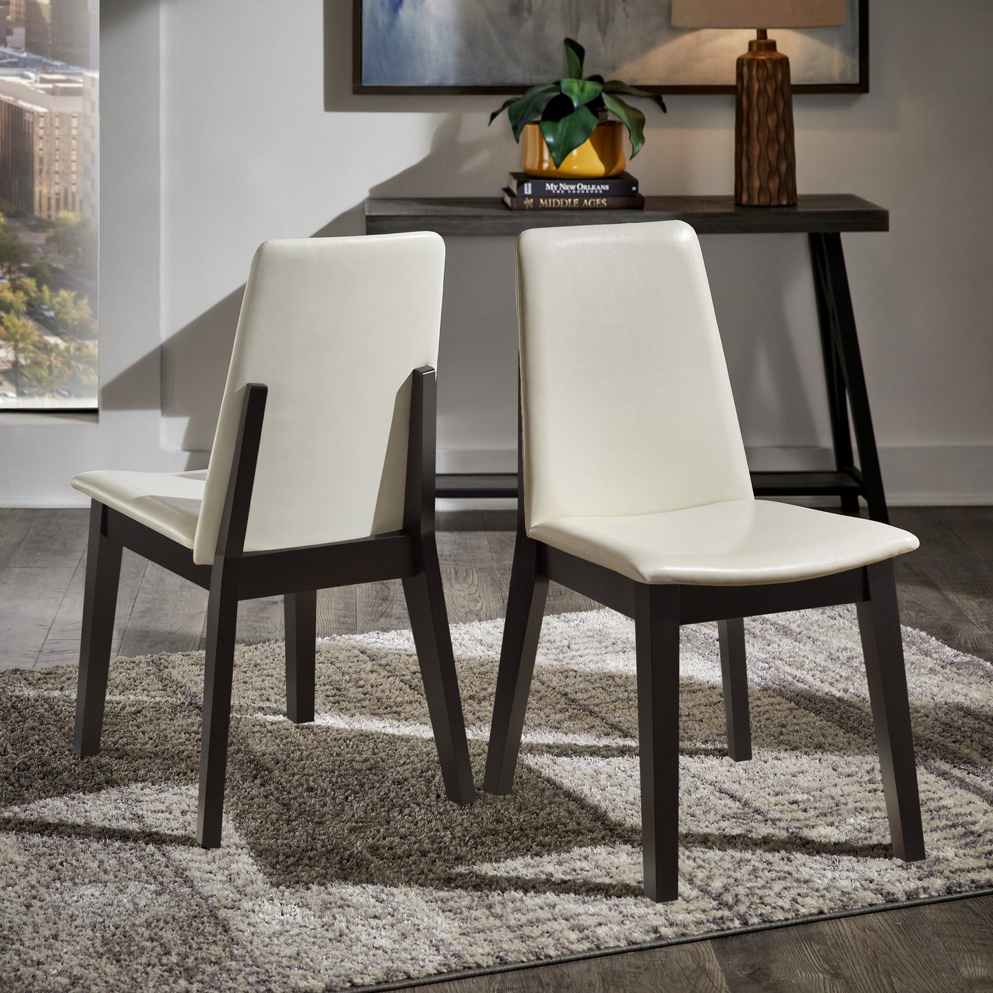 Wood Finish White Vegan Leather Dining Chair (Set of 2) - Black Oak