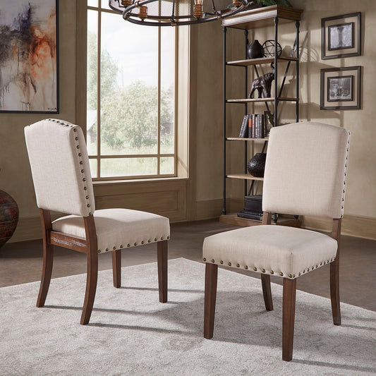 Linen Nailhead Chairs (Set of 2) - Brown Finish, Beige Linen