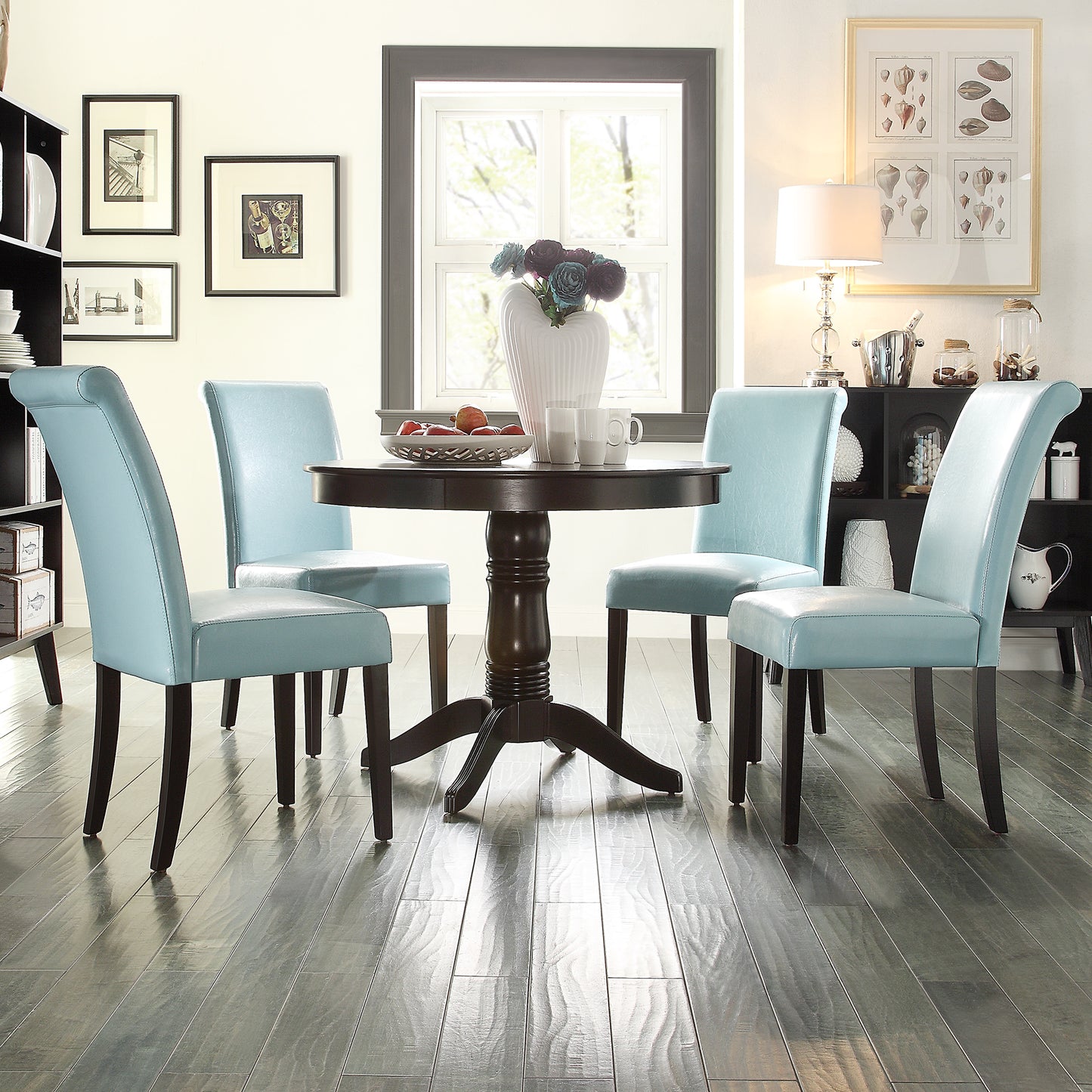 Faux Leather 5-Piece Dining Set - Blue Faux Leather, Round Dining Table