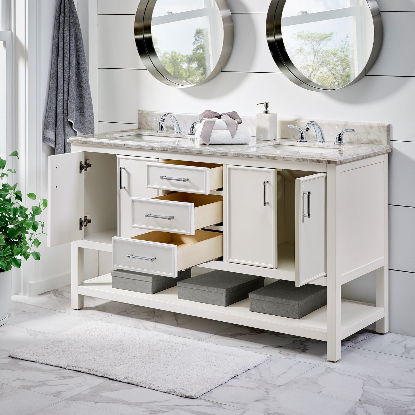 Bathroom Sink Vanity with White Marble Veneer Stone Top - 60", Double Sinks, White with Chrome Finish Hardware