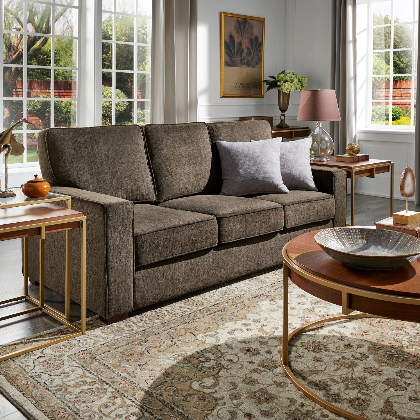 Modern Fabric Upholstered Square Arm Sofa - Sofa, Brown Chenille Fabric