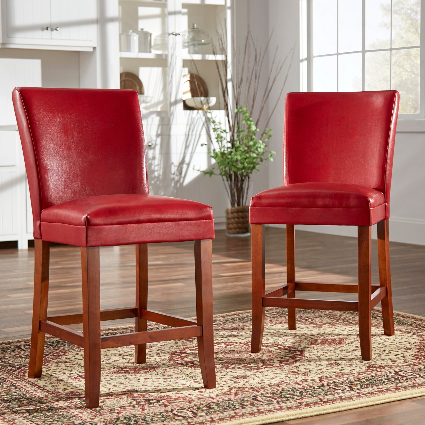 Classic Upholstered High Back Counter Height Chairs (Set of 2) - Cherry Finish, Red Vinyl