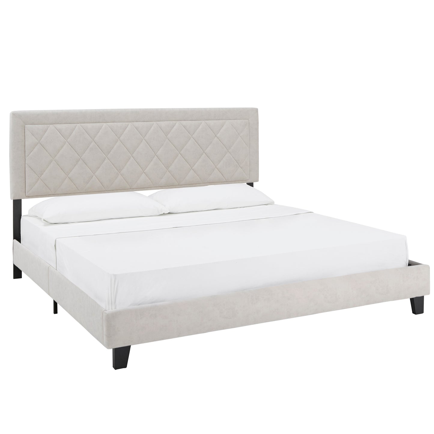 Black Finish Frame with Velvet Fabric Platform Bed - Cream White, King (King Size)