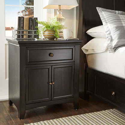 1-Drawer Wood Cupboard Nightstand with Charging Station - Black