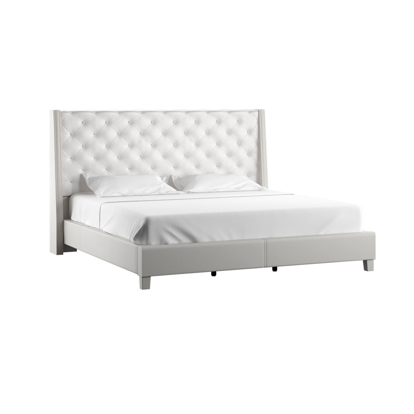 Faux Leather Crystal Tufted Bed - Ivory Faux Leather, Queen