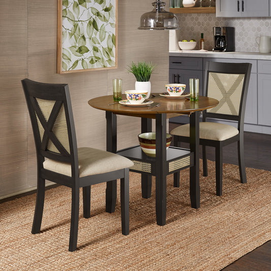 Cane Accent Dining - 2 - Person Set, Table with X-Back Chairs, Oak and Antique Black Finish, Beige Linen