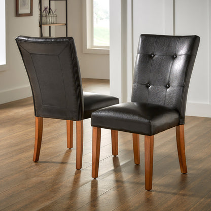 Tufted Faux Leather Dining Chairs (Set of 2) - Cherry Finish, Dark Brown Faux Leather