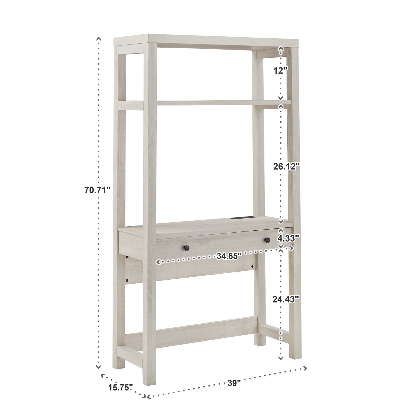 38 in. Wall Bookshelf with Desk and USB Charger - Antique White Finish