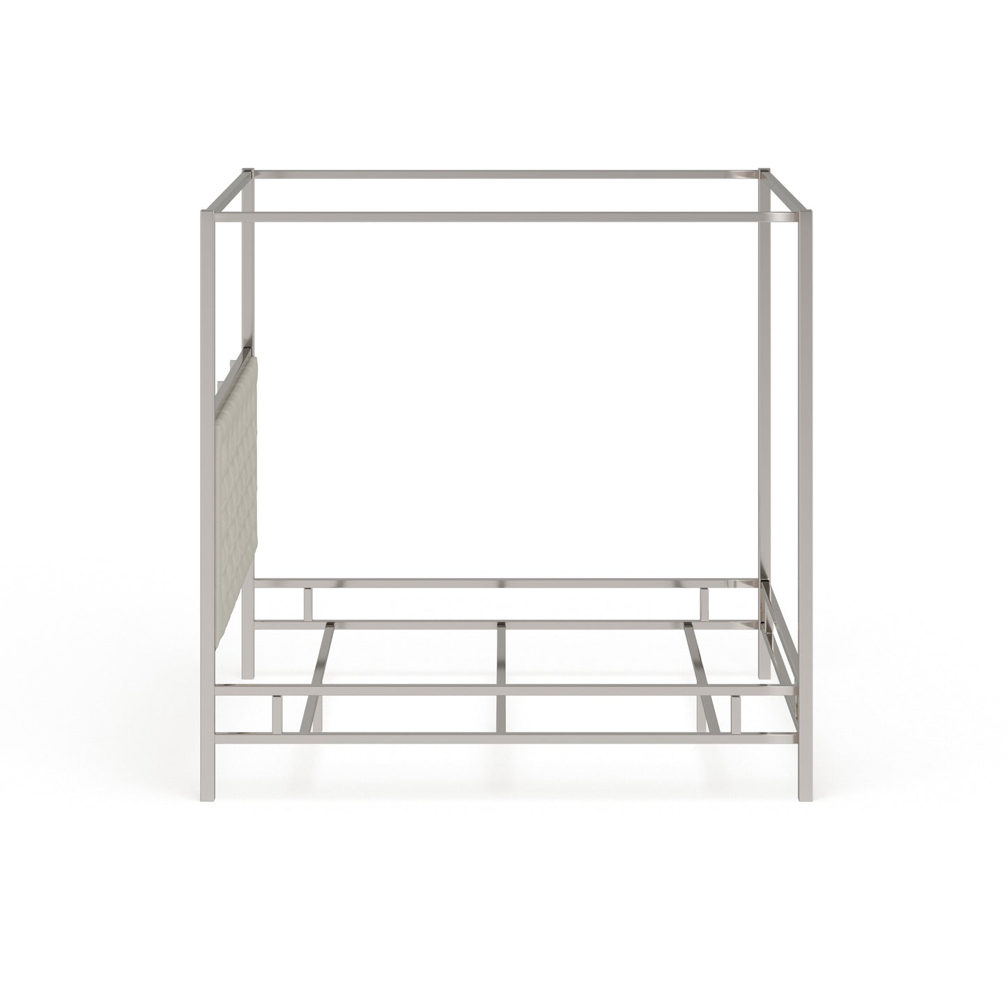 Metal Canopy Bed with Upholstered Headboard - Off-White Linen, Chrome Finish, King Size