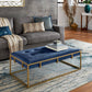 Gold Finish Velvet Button Tufted Rectangular Ottoman - Blue, Rectangular