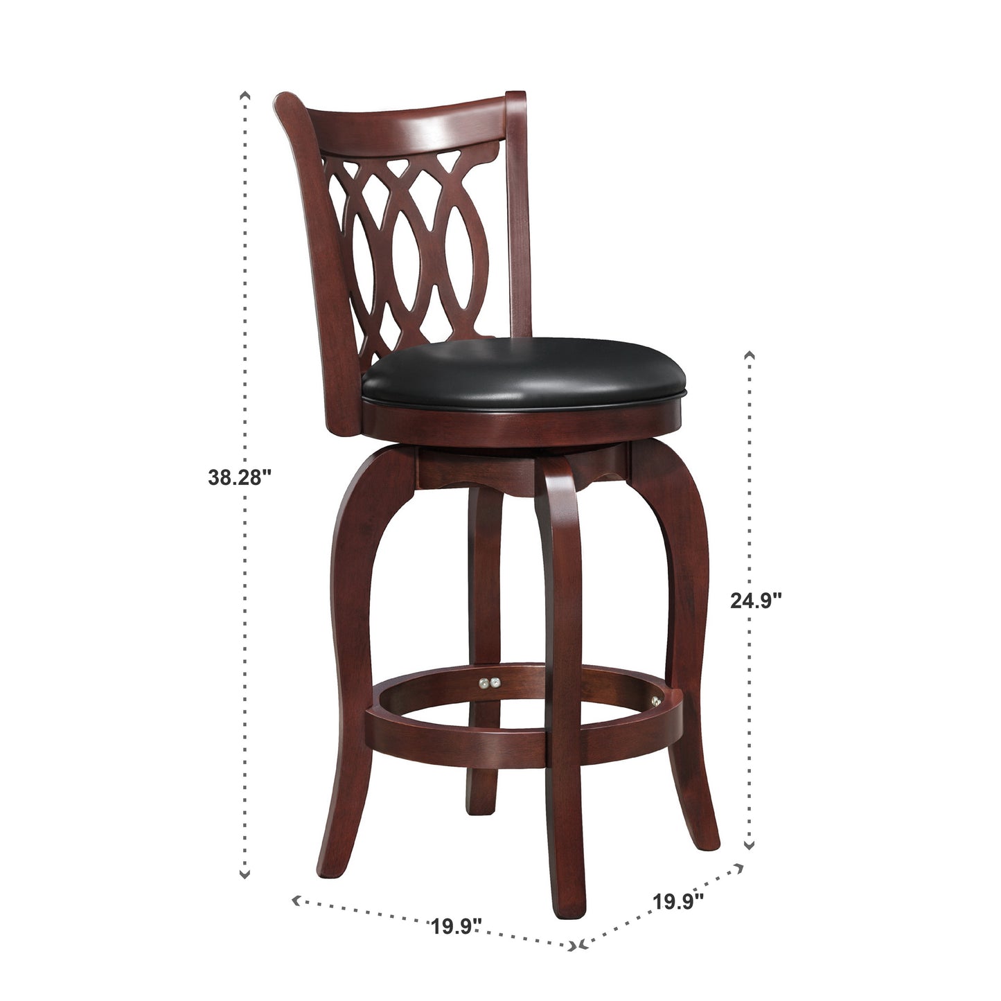 Scroll Back Swivel Stool - 24" Counter Height, Cherry Finish, Black Faux Leather