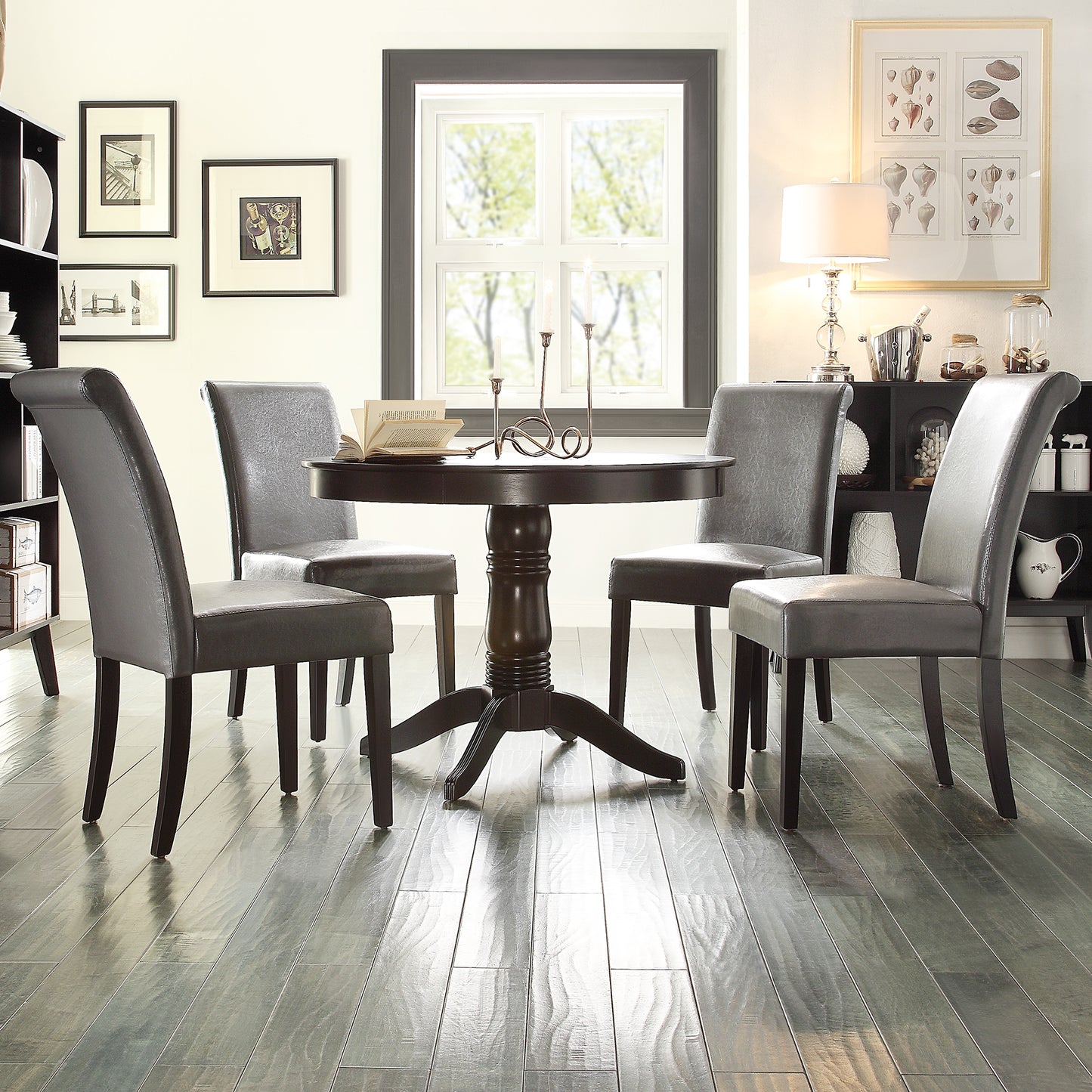 Faux Leather 5-Piece Dining Set - Gray Faux Laathar, Round Dining Tabla