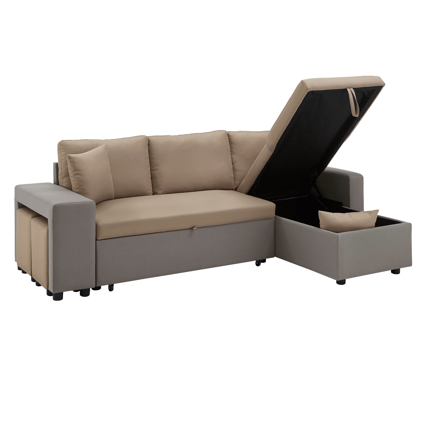 Multifunctional Two-Tone Fabric Convertible Chaise Sofa with Two Ottomans, Two Pillows, and Storage - Brown