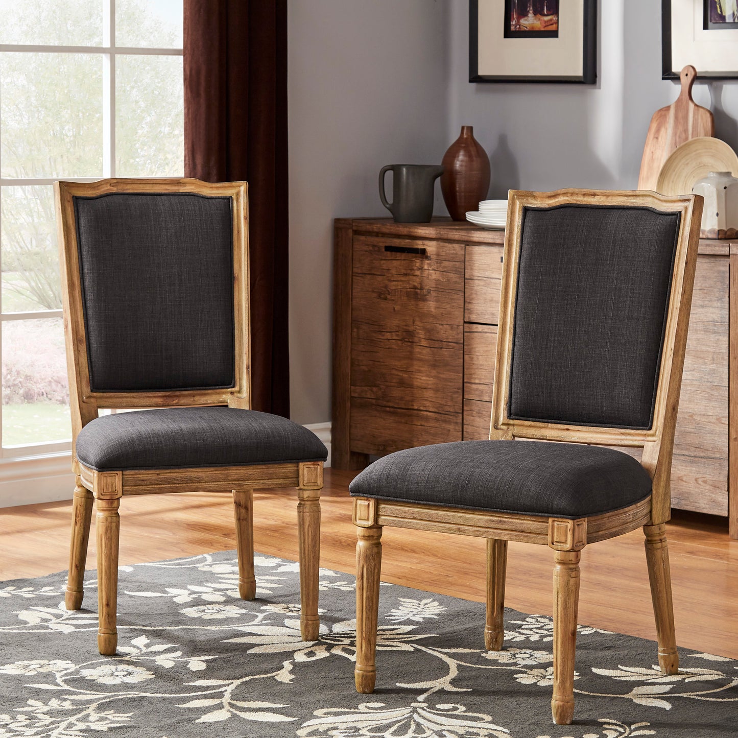 Ornate Linen and Wood Dining Chairs (Set of 2) - Dark Gray Linen, Natural Finish