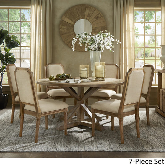 Round 7-Piece Dining Set - Beige Linen, Arched Bridge Chair Backs