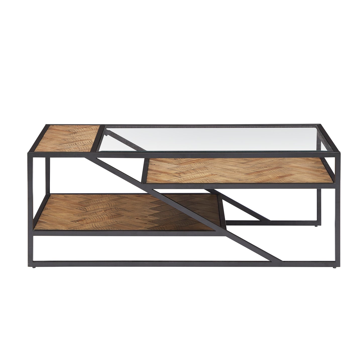 Black Metal Parquet Wood and Glass Tables - Coffee Table Only