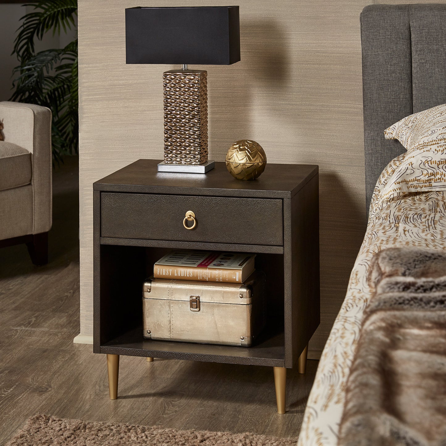 Gold Finish Metal Dark Brown Faux Shagreen 1-drawer Side Table