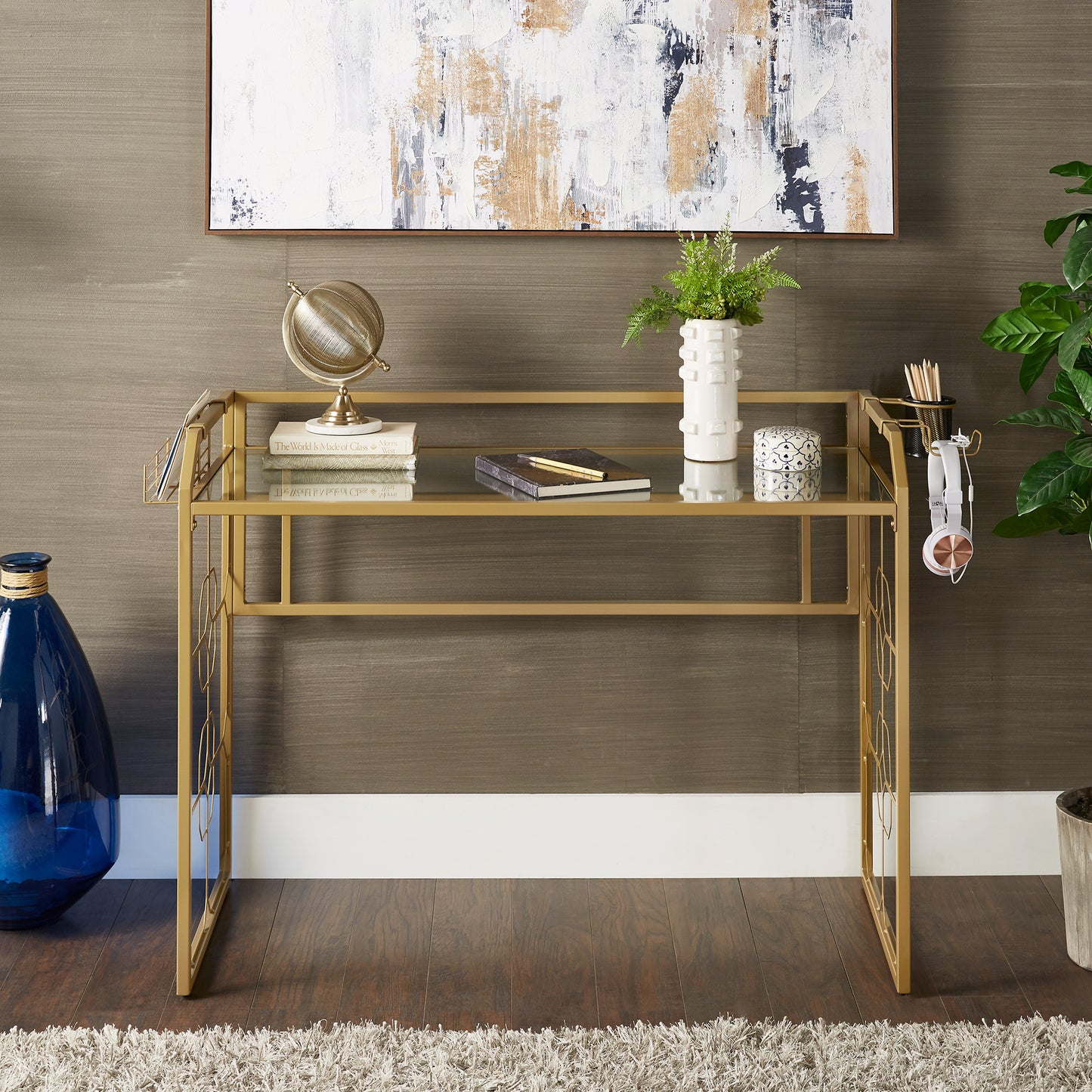 Octagon Pattern Gold Metal and Glass Desk