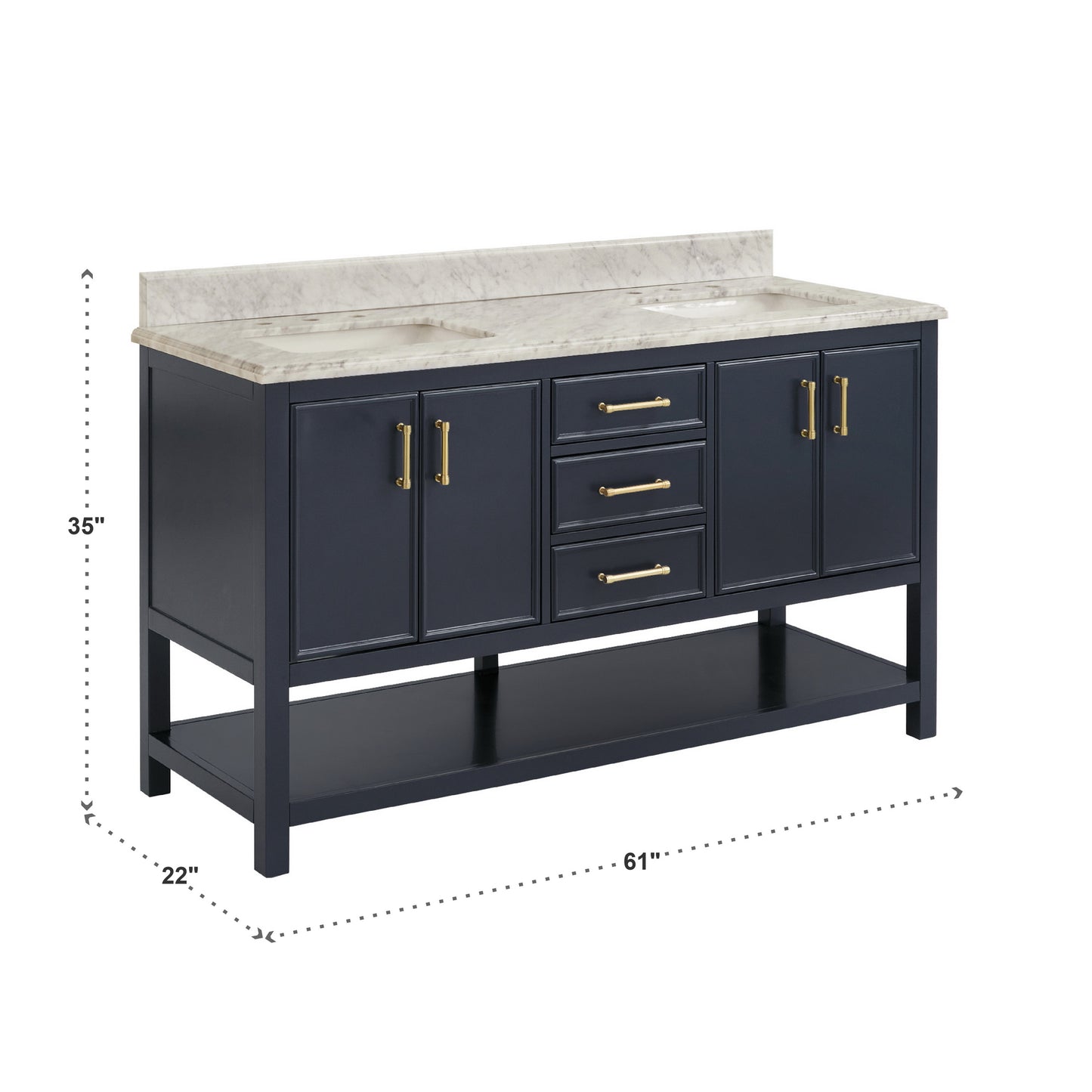 Bathroom Sink Vanity with White Marble Veneer Stone Top - 60", Double Sinks, Navy Blue with Gold Finish Hardware