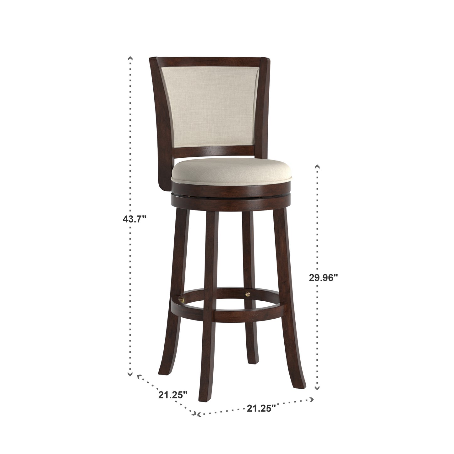 Upholstered Back Swivel Stool - 29" Bar Height, Dark Cherry Finish, Beige Linen