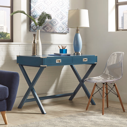 X-Base Wood Accent Campaign Writing Desk - Blue Steel