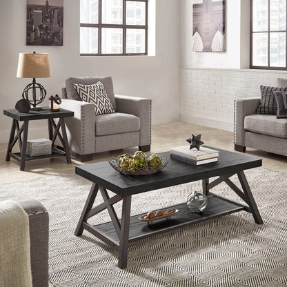 Rustic X-Base Accent Tables - Black Finish, End Table and Coffee Table Set