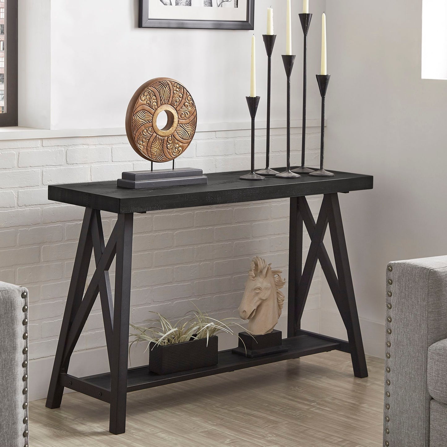 Rustic X-Base Accent Tables - Black Finish, End Table, Coffee Table, and Sofa Table Set