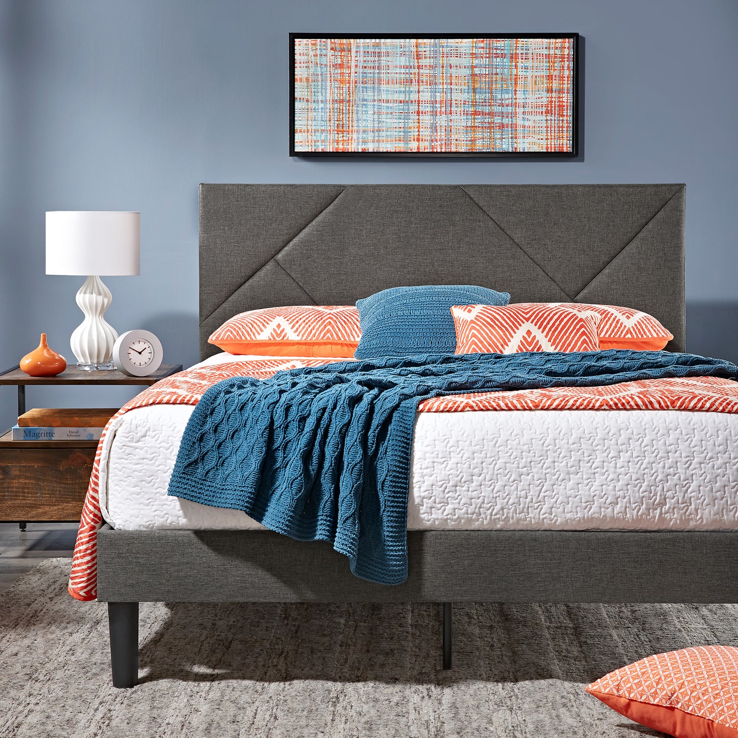 Upholstered Platform Bed with Geometric Headboard - Gray, Full (Full Size)