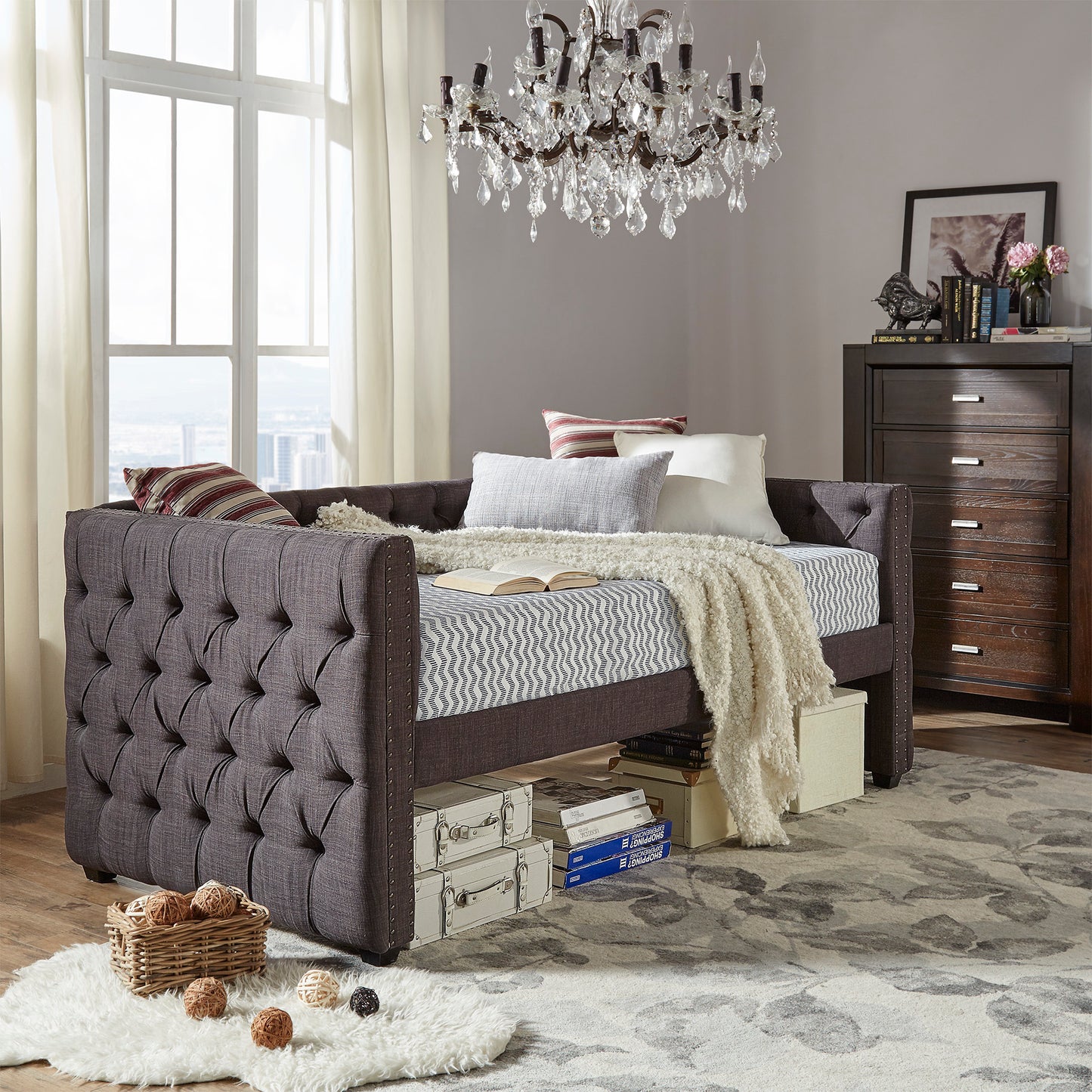 Tufted Nailhead Daybed - Dark Gray Linan, No Trundla