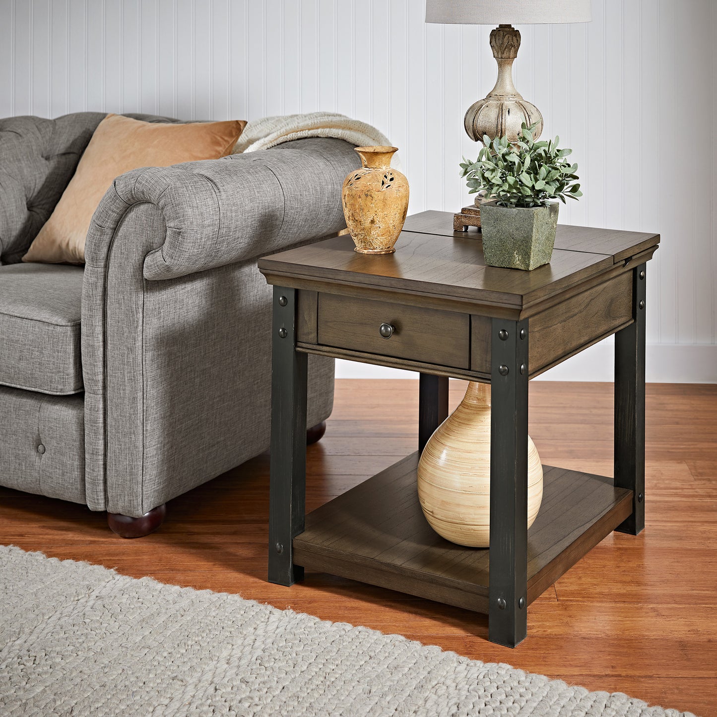 Wood Finish End Table with Built-In Outlets - Antique Gray