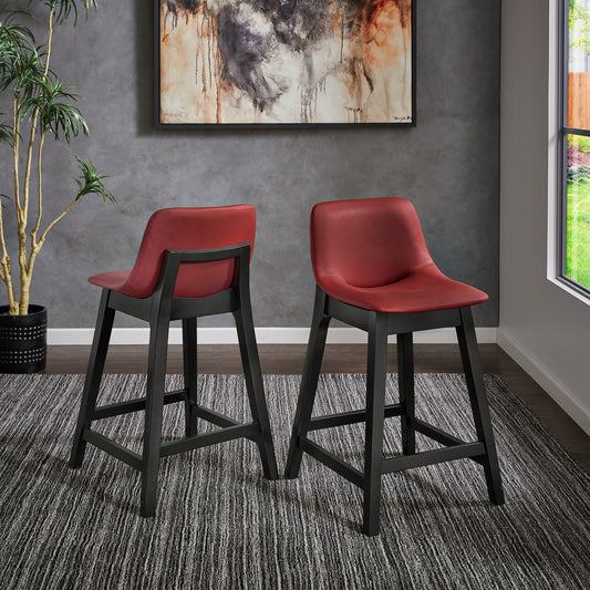 Black Finish Vegan Leather Counter Height Chair (Set of 2) - Red