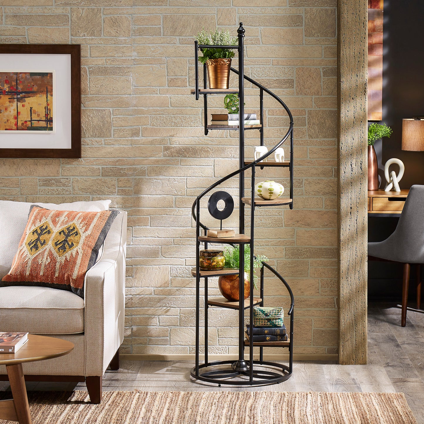 Black Finish Metal Spiral Staircase Display Shelf