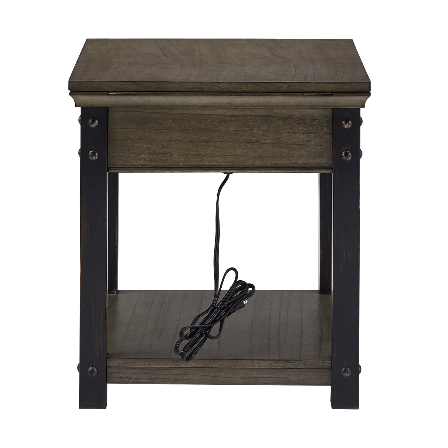 Wood Finish End Table with Built-In Outlets - Antique Gray