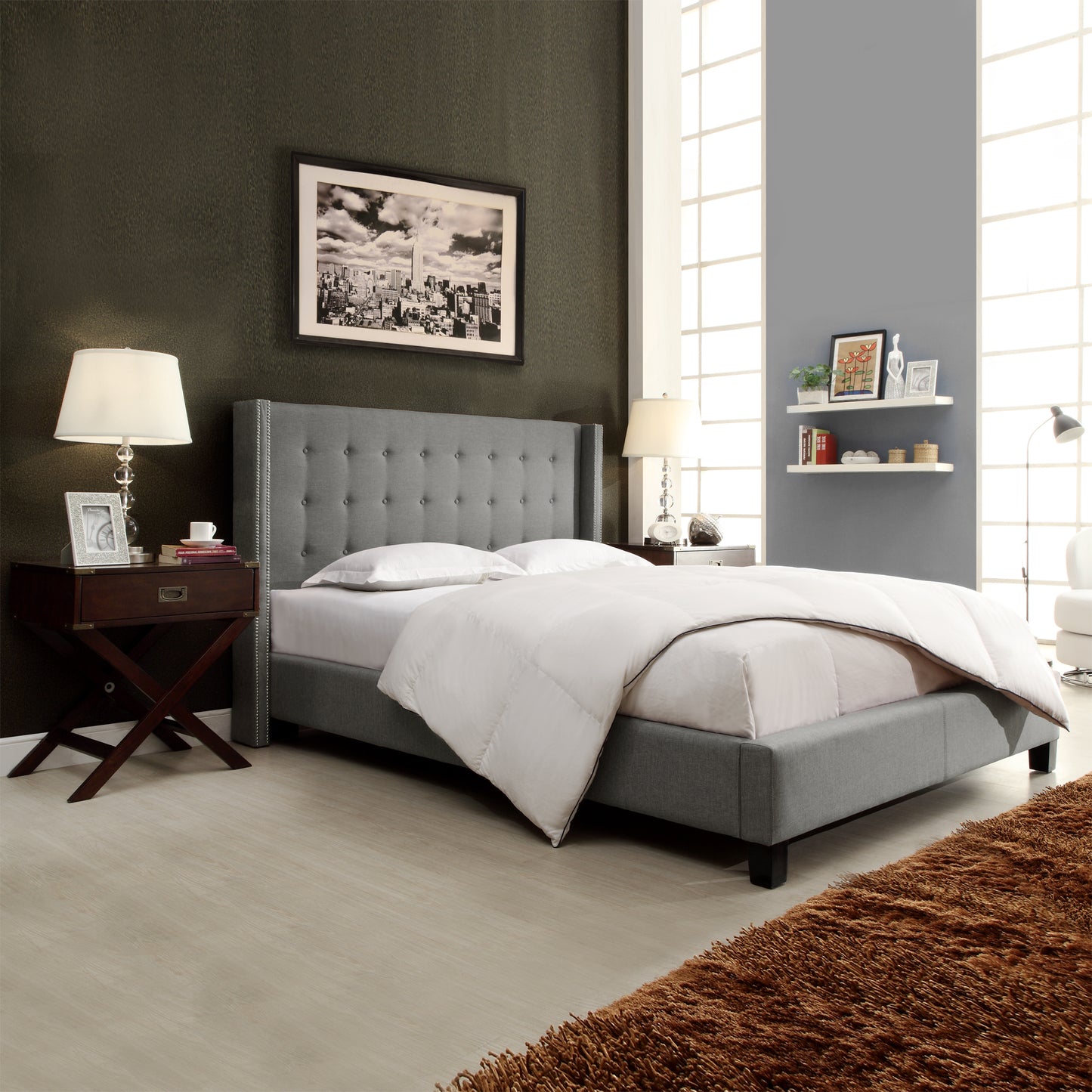 Nailhead Wingback Tufted Upholstered Platform Bed - Gray Linen, Full