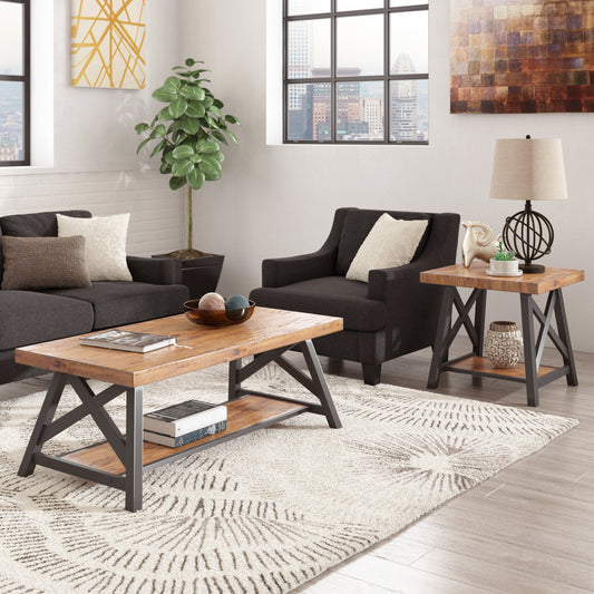 Rustic X-Base Accent Tables - Oak Finish, End Table and Coffee Table Set