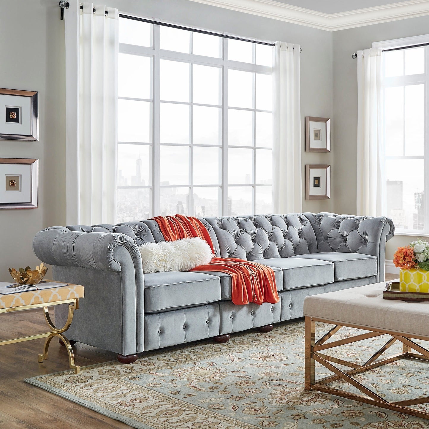 4-Seat Modular Chesterfield Sofa - Gray Velvet