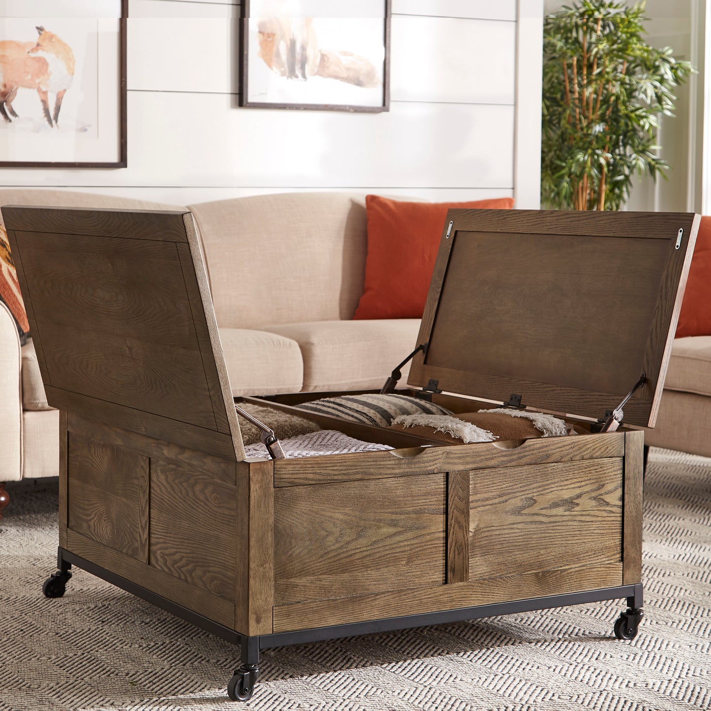 Square Storage Trunk Coffee Table with Iron Casters