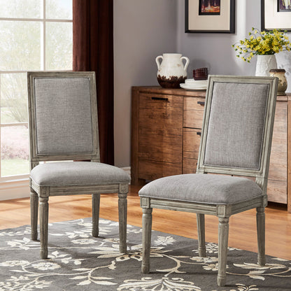 Rectangular Linen and Wood Dining Chairs (Set of 2) - Gray Linen, Antique Gray Oak Finish